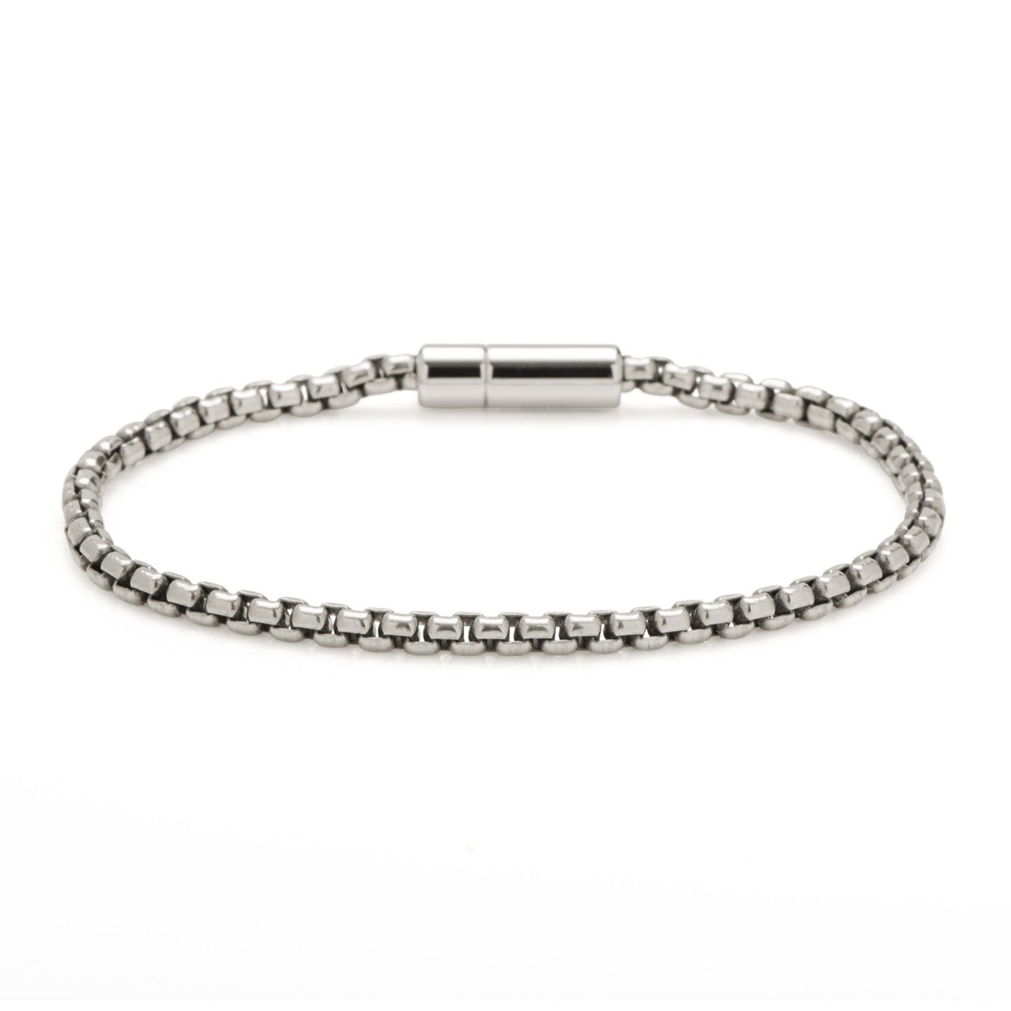 Silver bracelet with a magnetic clasp on a white background