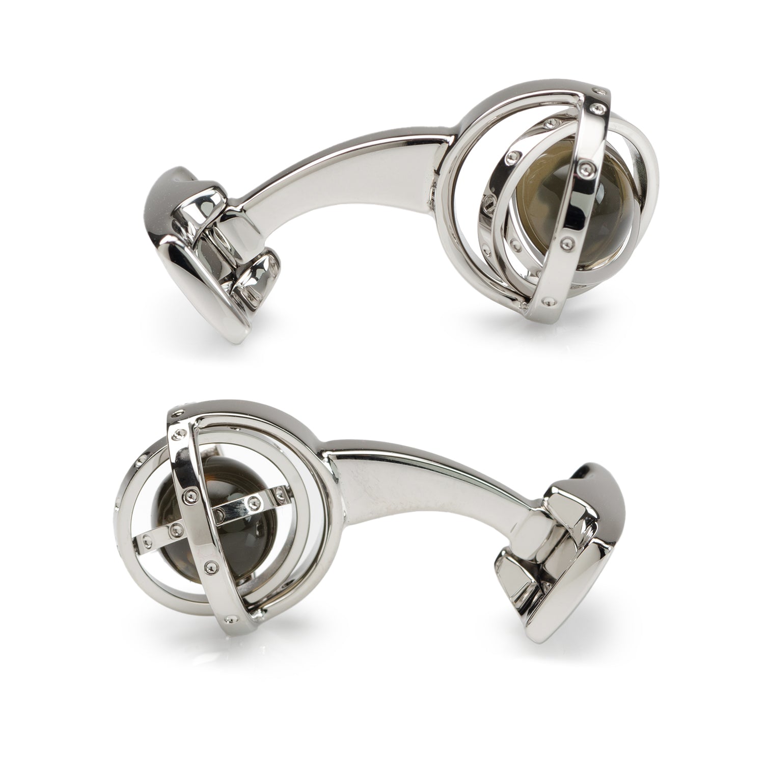 Pair of silver cufflinks on a white background