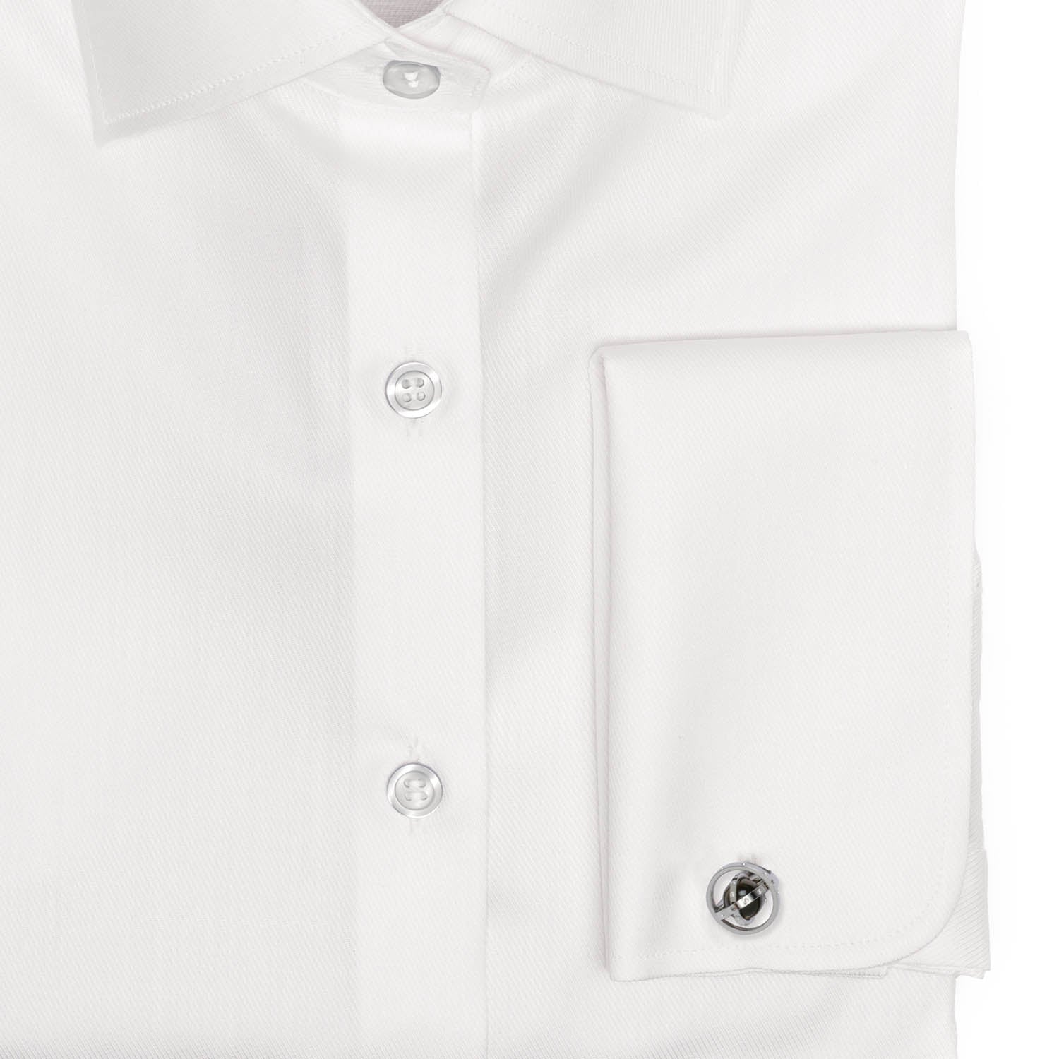 Close-up of a white shirt with buttons and a pocket on a light gray background
