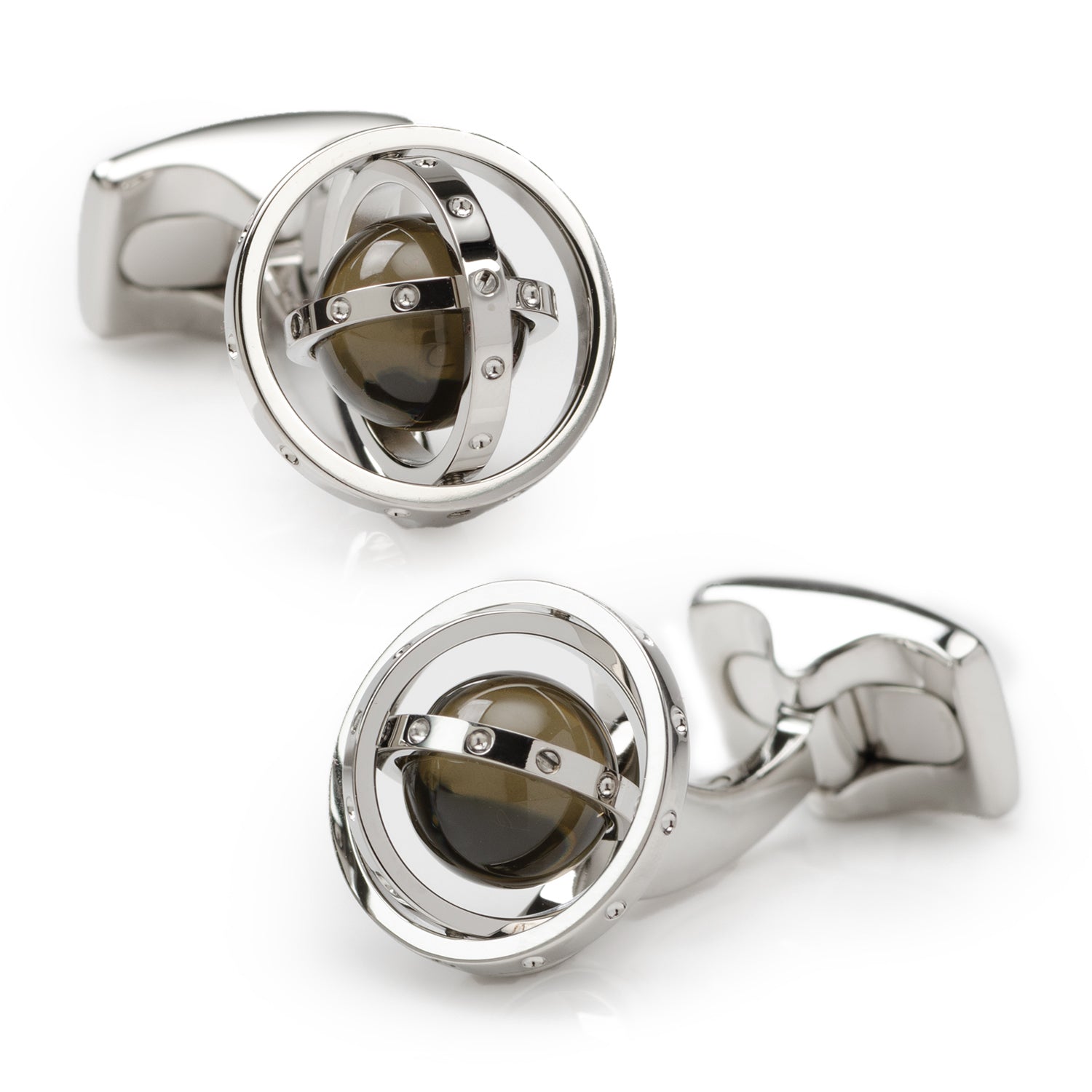 Silver cufflinks with a central dark gemstone on a white background
