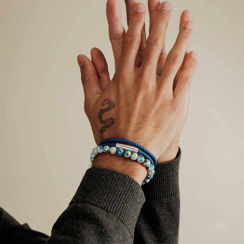 Lhasa Graffiato Beaded Bracelet in Rhodium Silver with Cream and Blue Azurite