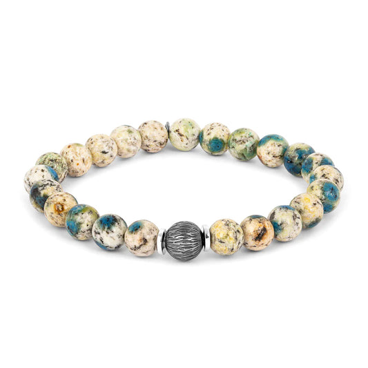 Lhasa Graffiato Beaded Bracelet in Rhodium Silver with Cream and Blue Azurite