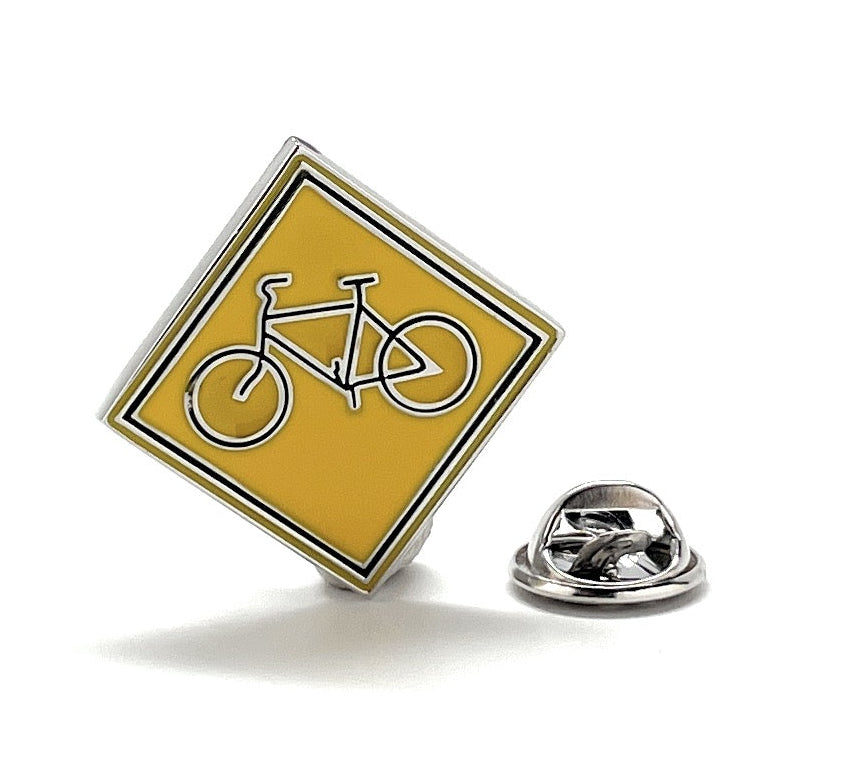 ellow bicycle road sign enamel lapel pin with silver bike design
