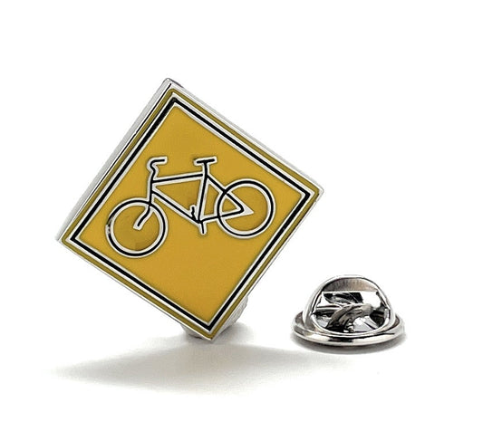 ellow bicycle road sign enamel lapel pin with silver bike design