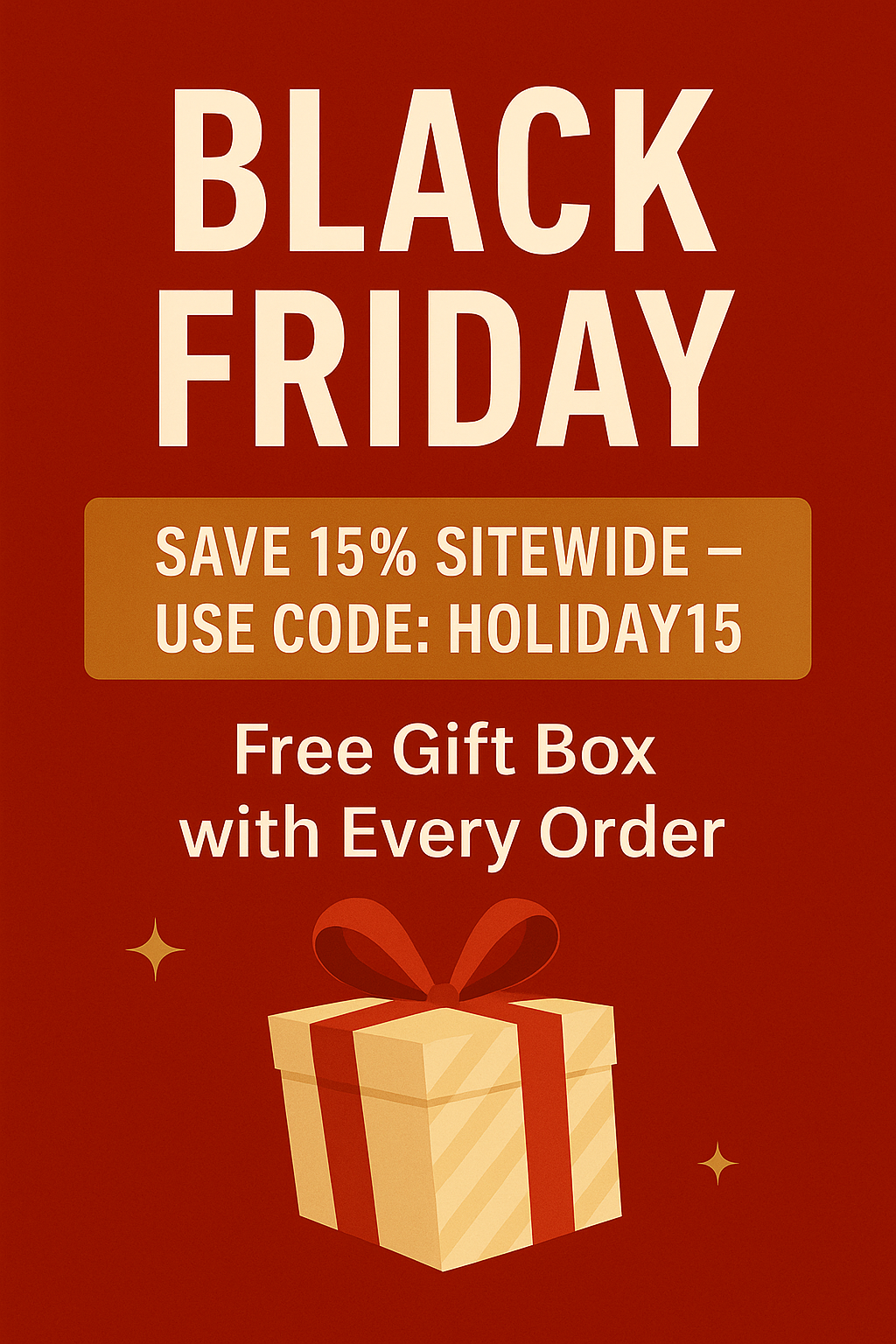Black Friday promotional flyer with a gift box and discount information on a red background