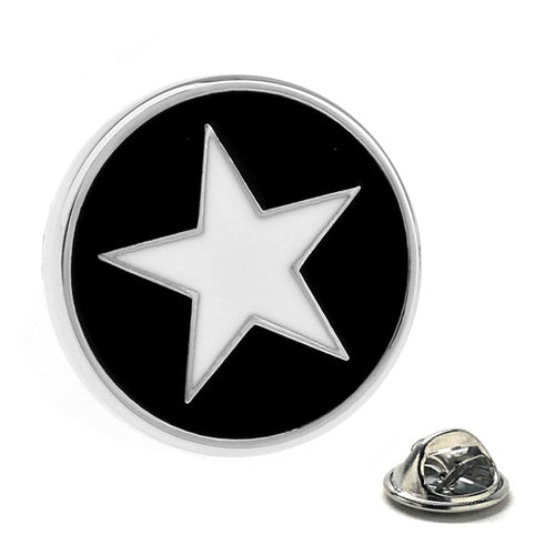 Black and White Star Lapel Pin with bright white star emblem and secure metal clutch backing