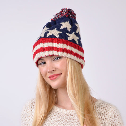 Old School Unisex American Flag Knit Pom Beanie Ski Hats with Stars Red White and Blue