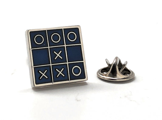 Blue and silver Tic-Tac-Toe lapel pin with X and O design and metal clutch backing
