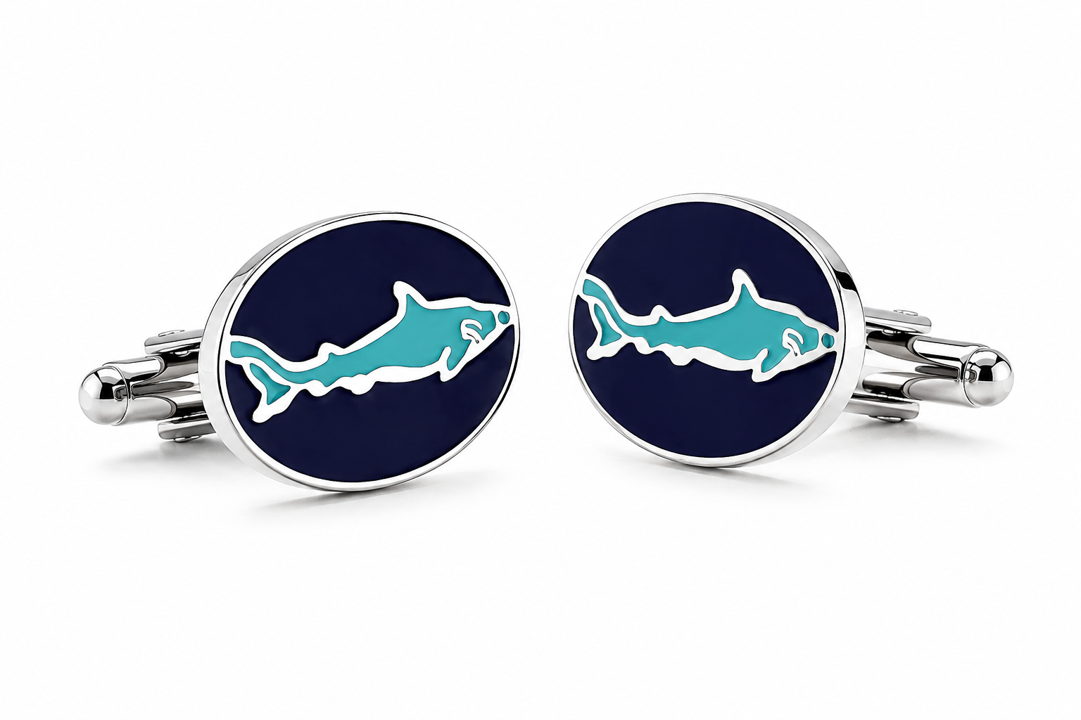 Cufflinks with shark design on a dark blue background