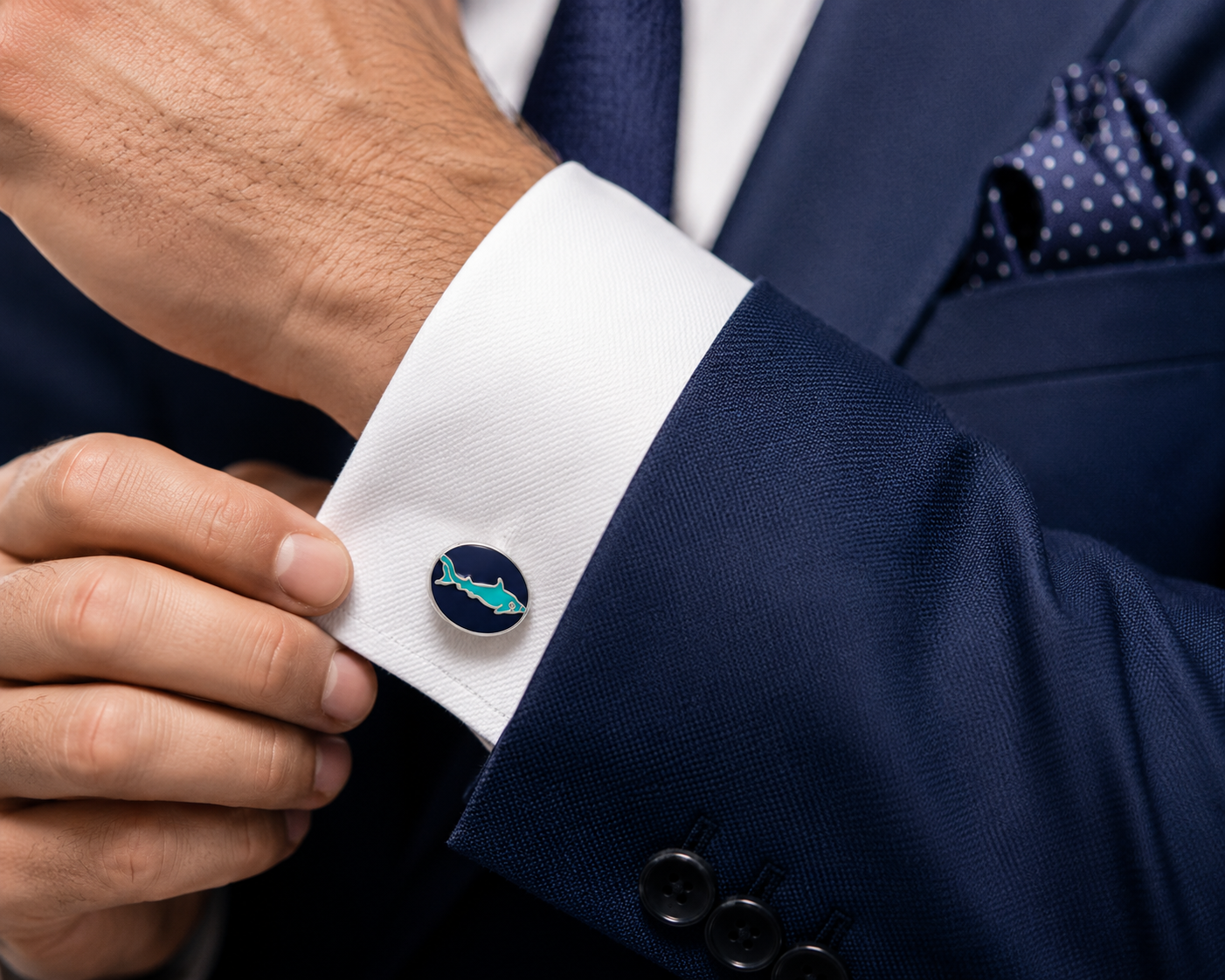 Close-up of a person adjusting a cufflink on a navy suit with a white shirt.