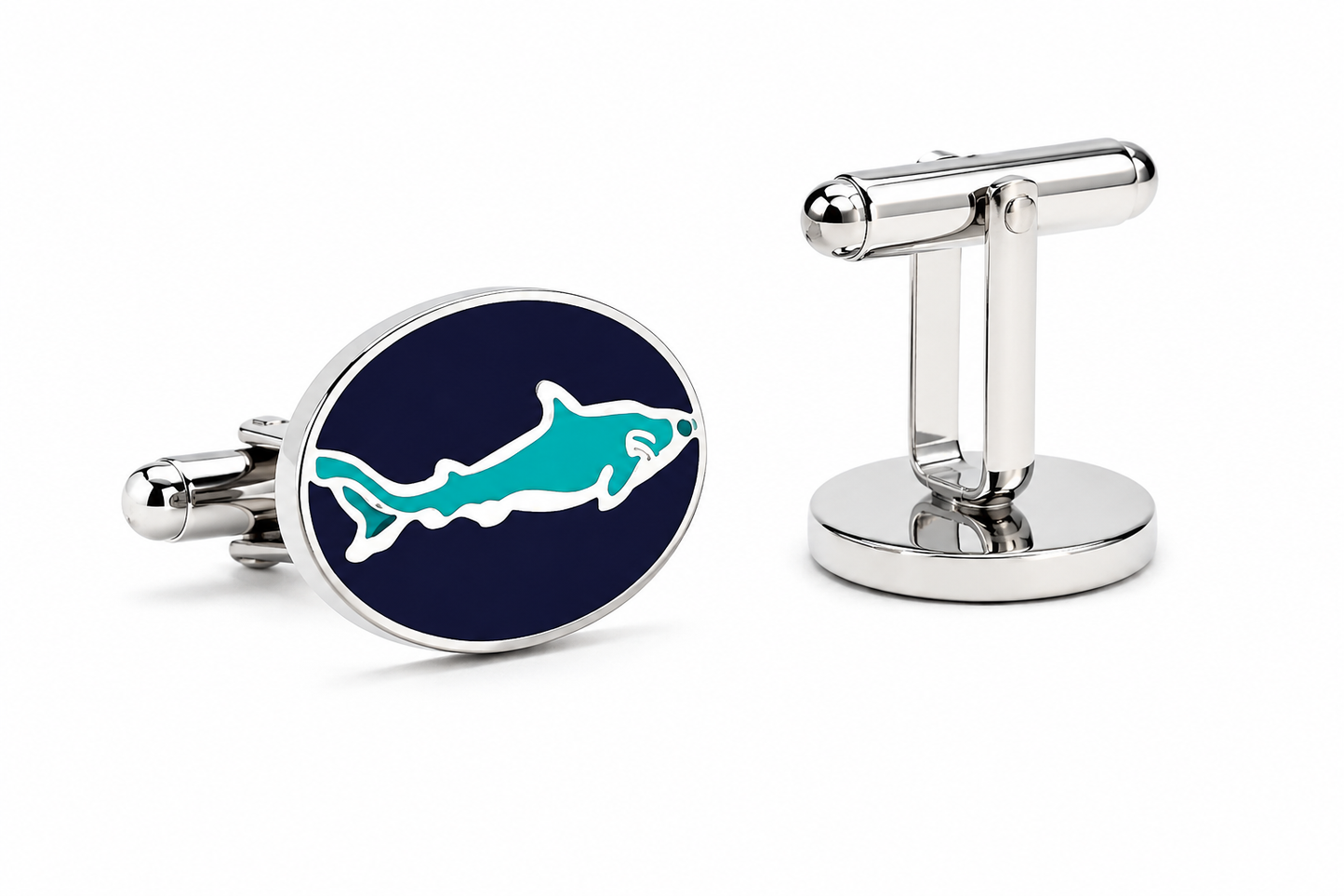 Cufflinks with a shark design on a blue background
