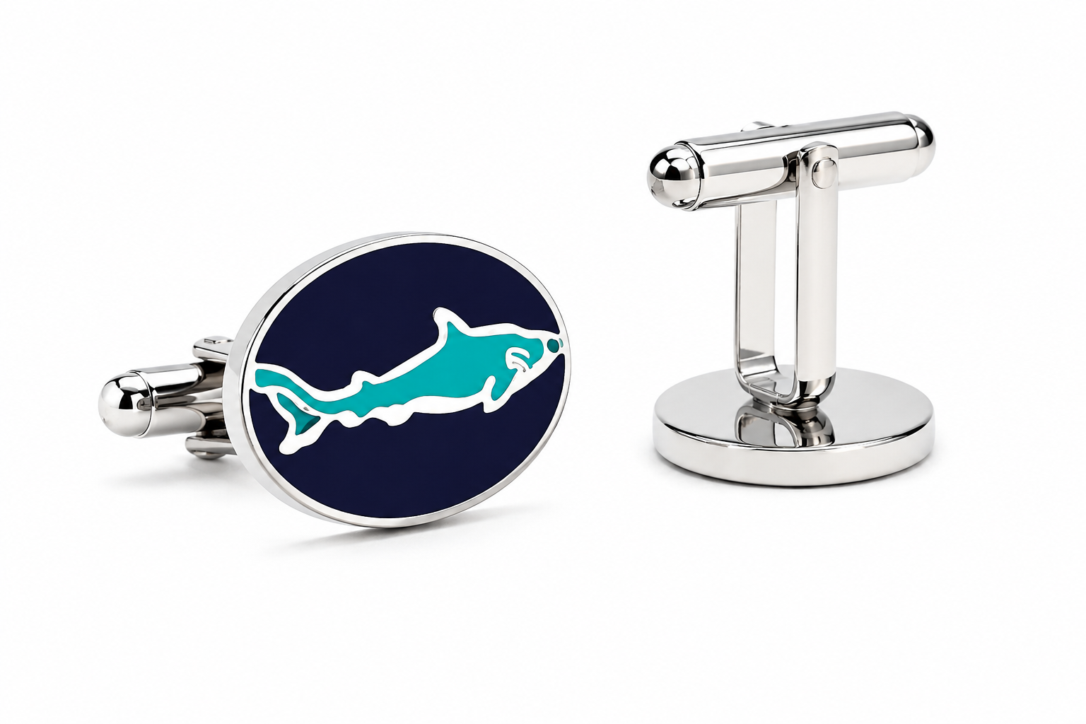 Cufflinks with a shark design on a blue background