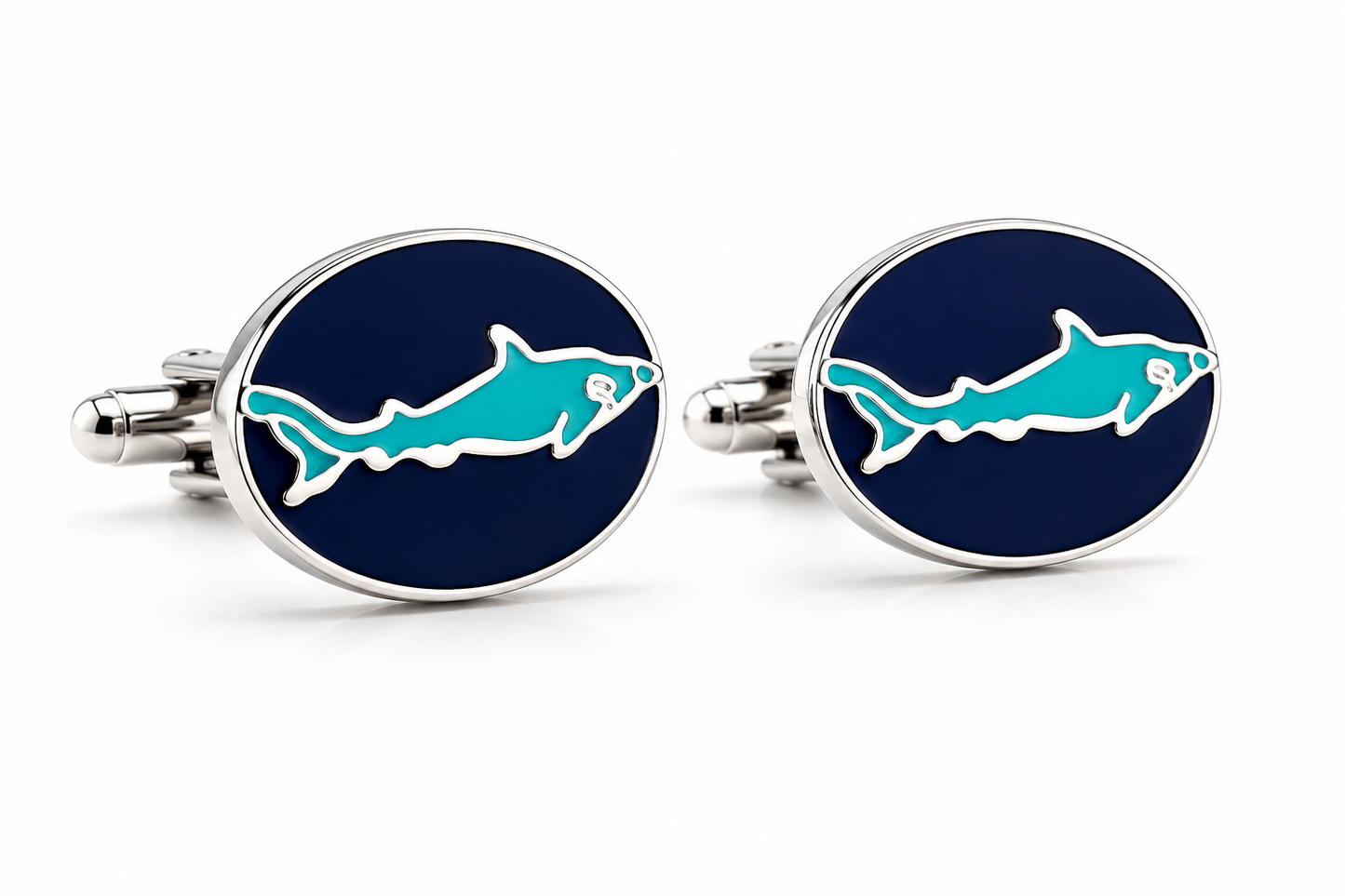 Cufflinks with shark design on a blue background