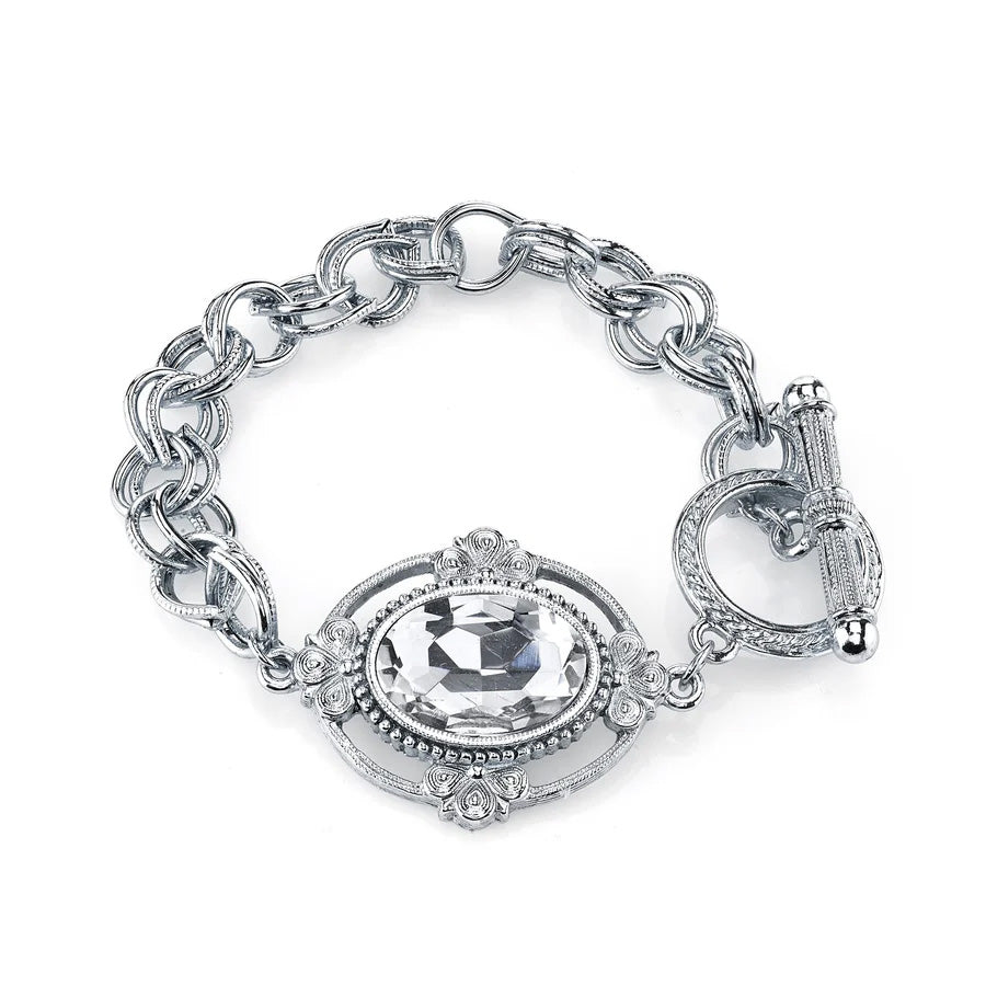 Women's Bracelet Fashion Jewelry Oval Lux Crystal Silver Toggle Link Bracelet