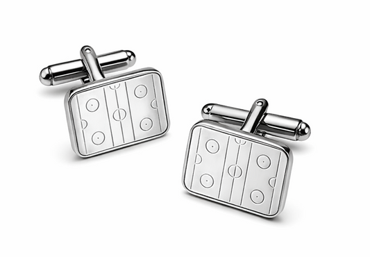 Silver ice rink cufflinks for hockey fans on white background