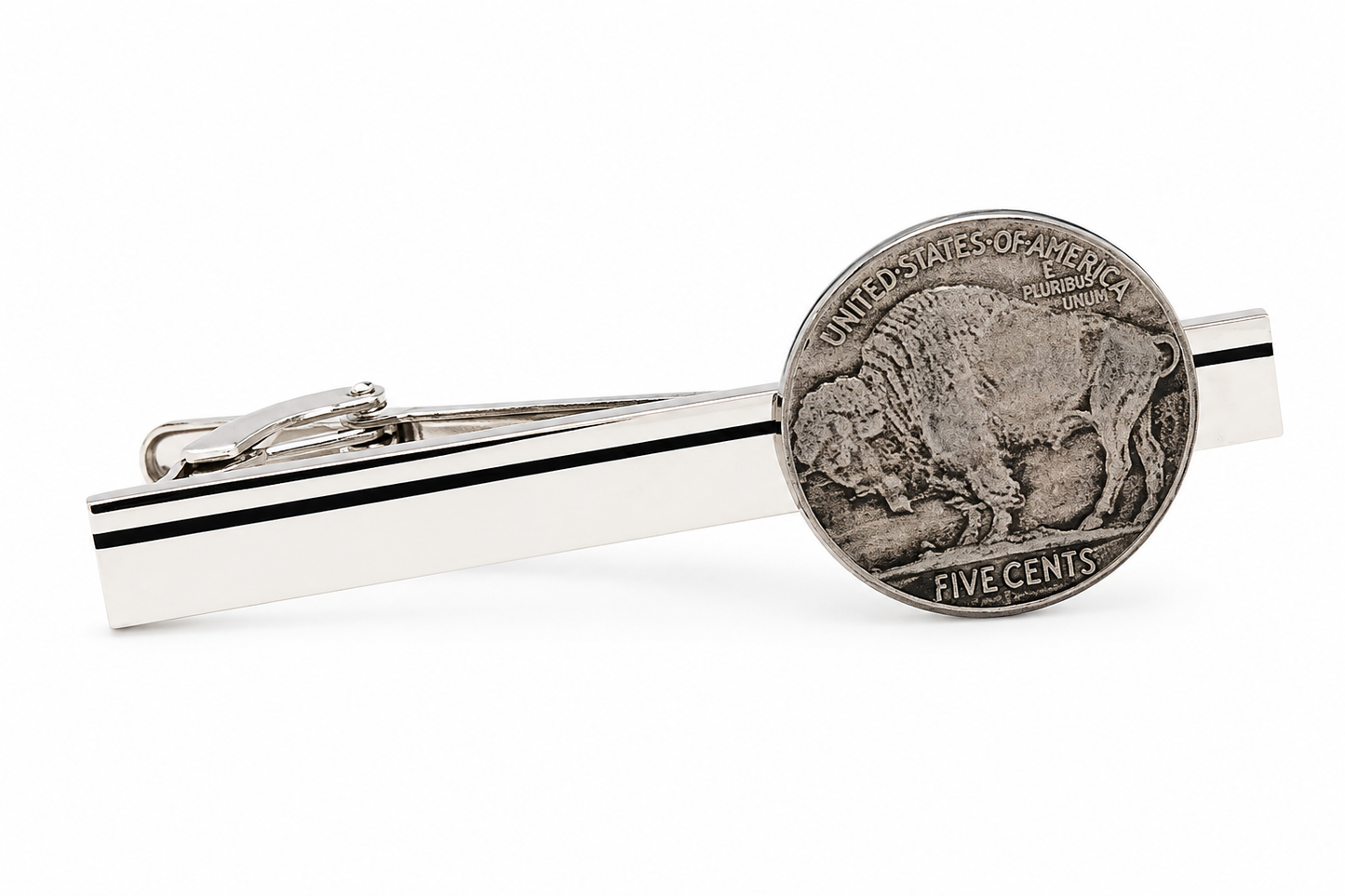 A silver-toned tie bar featuring a circular Buffalo nickel coin design on one end, shown on a clean white background.