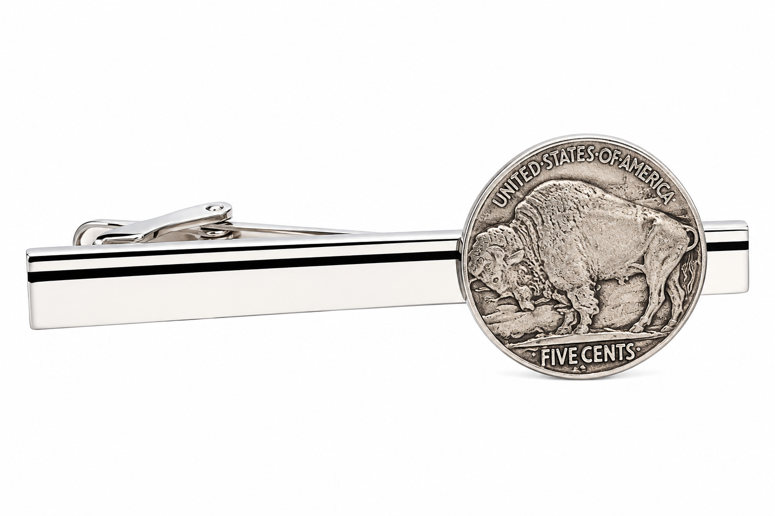 A silver-toned metal tie bar featuring a circular Buffalo nickel coin design on the right end, shown against a plain white background.