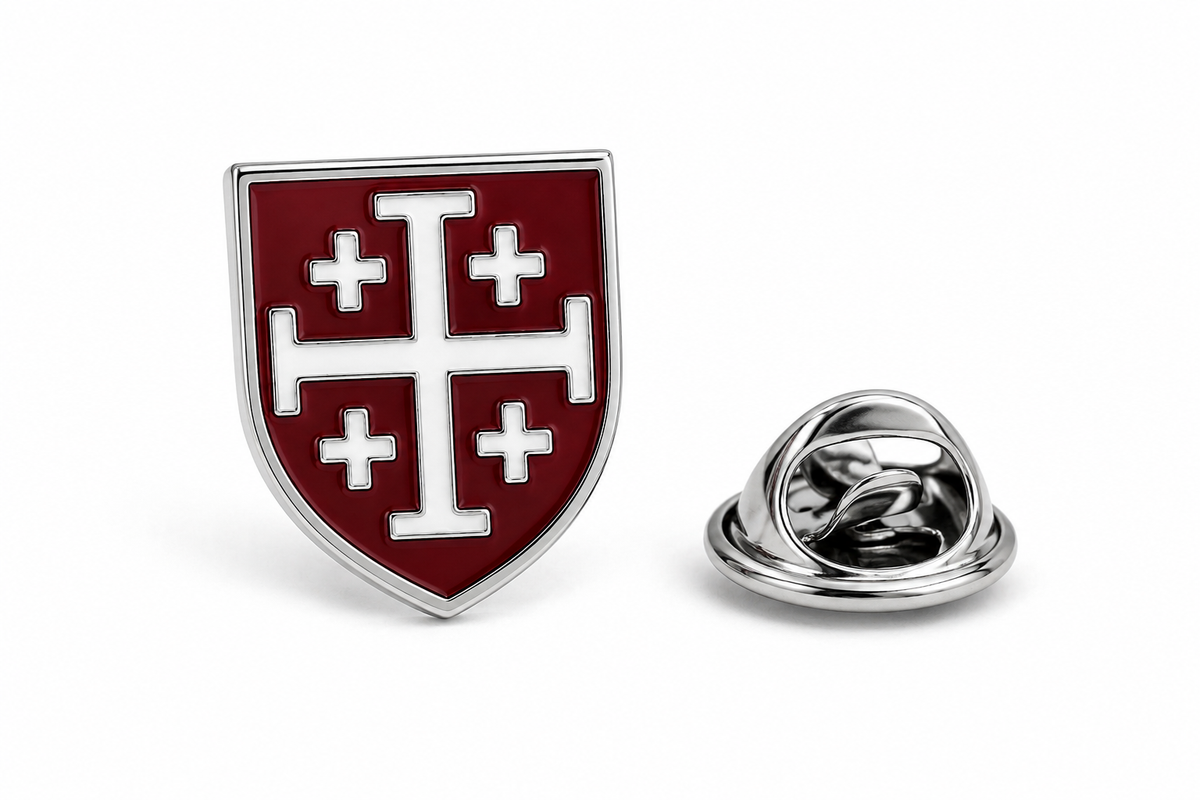 Burgundy & White Enamel Jerusalem Cross Lapel Pin