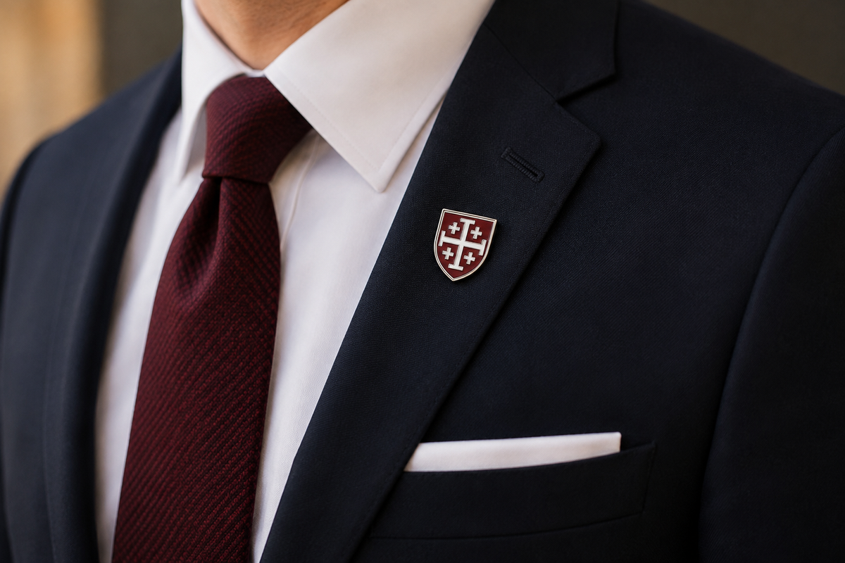 Burgundy & White Enamel Jerusalem Cross Lapel Pin man suit