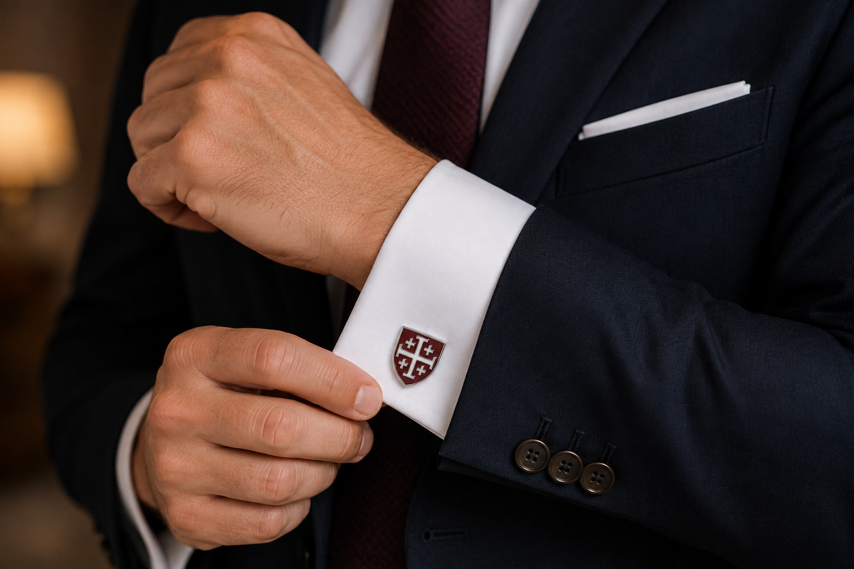 Burgundy & White Enamel Jerusalem Cross Cufflinks blue suit