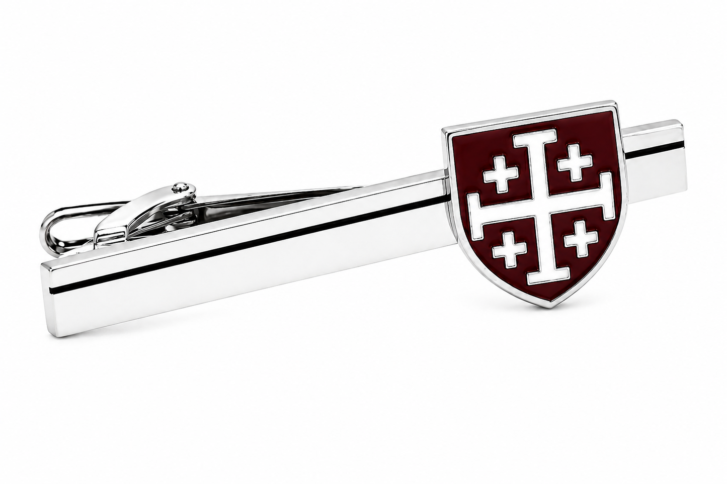 A silver-toned metal tie bar featuring a shield-shaped emblem with a white Jerusalem cross on a deep red enamel background, shown on a clean white studio background.