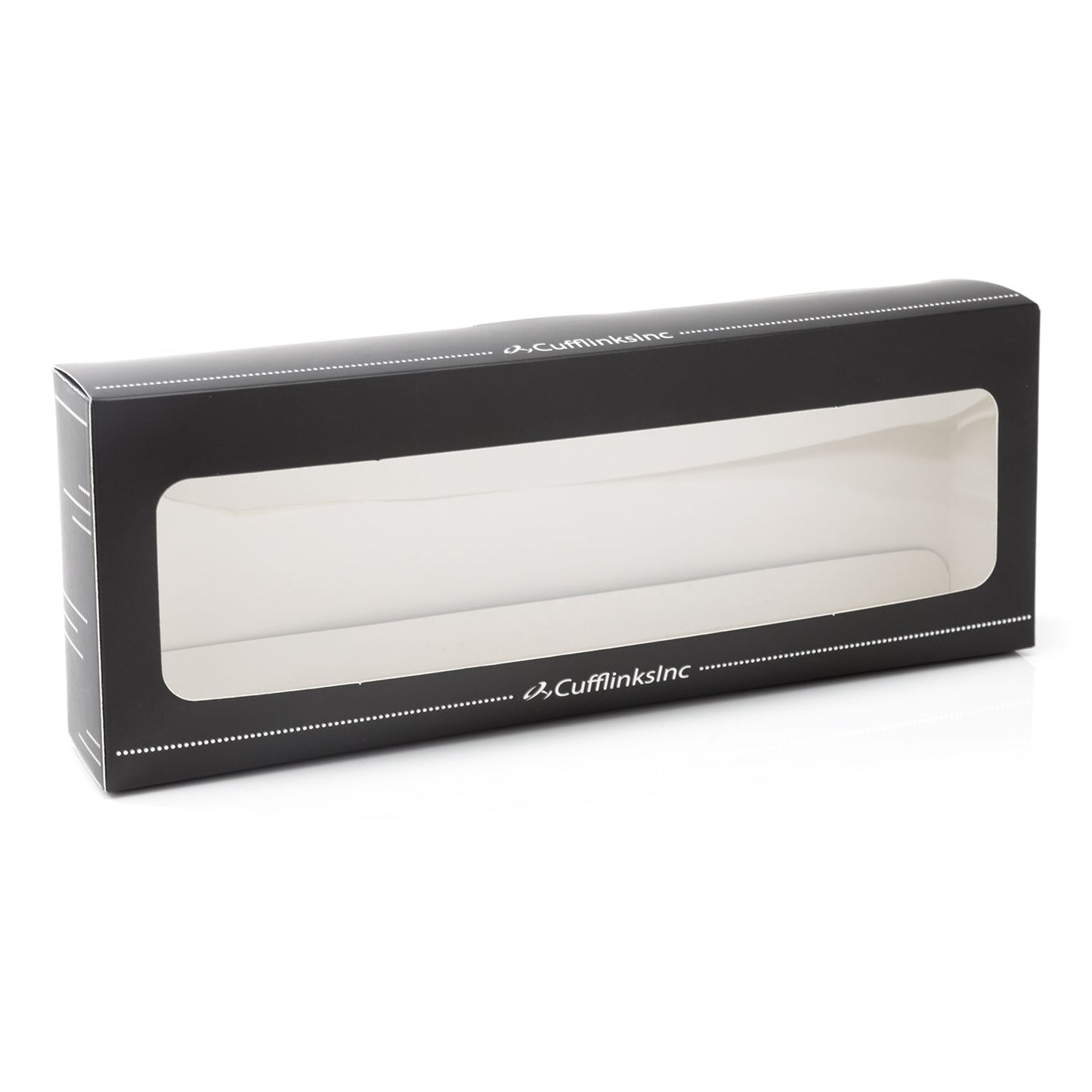 Black box with a clear window displaying white items, featuring Cufflinks Inc branding.