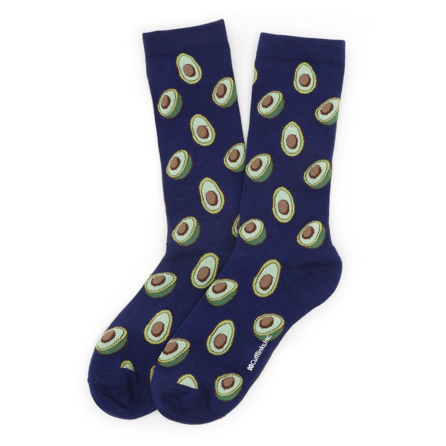 Navy blue socks with avocado pattern on a white background
