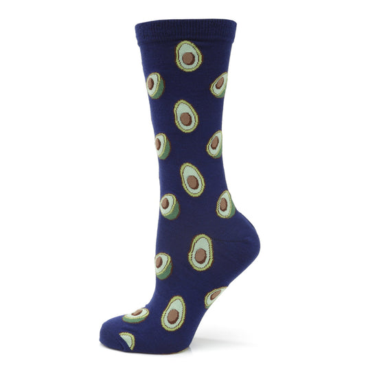 Navy blue sock with avocado pattern on a white background