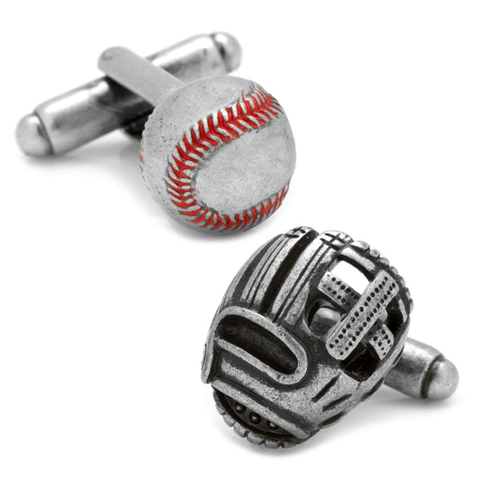 Baseball and glove cufflinks on a white background