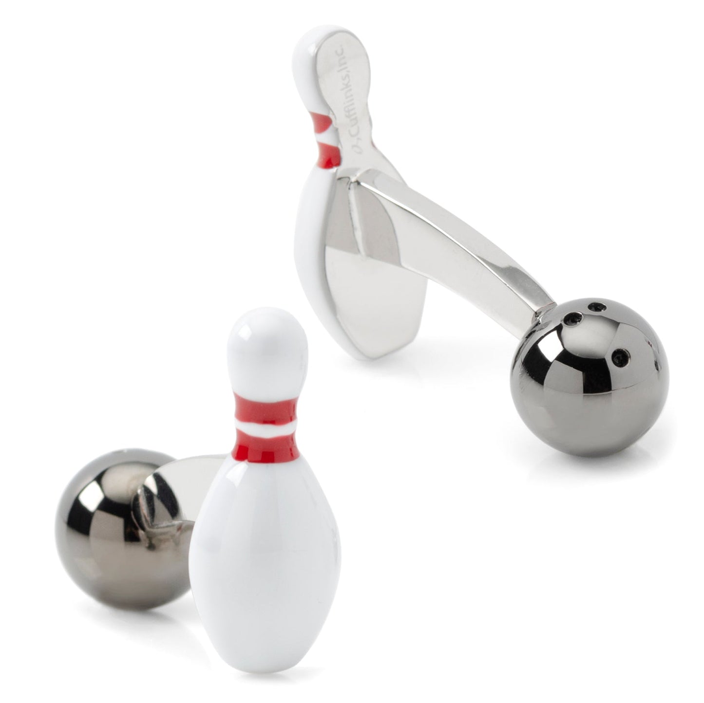 Bowling pin and ball cufflinks on a white background