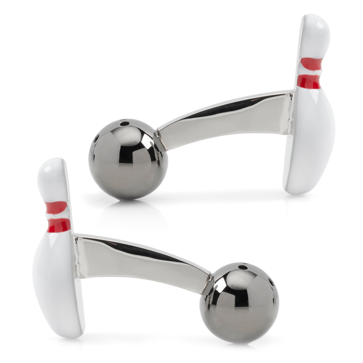 Bowling pin and ball cufflinks on a white background