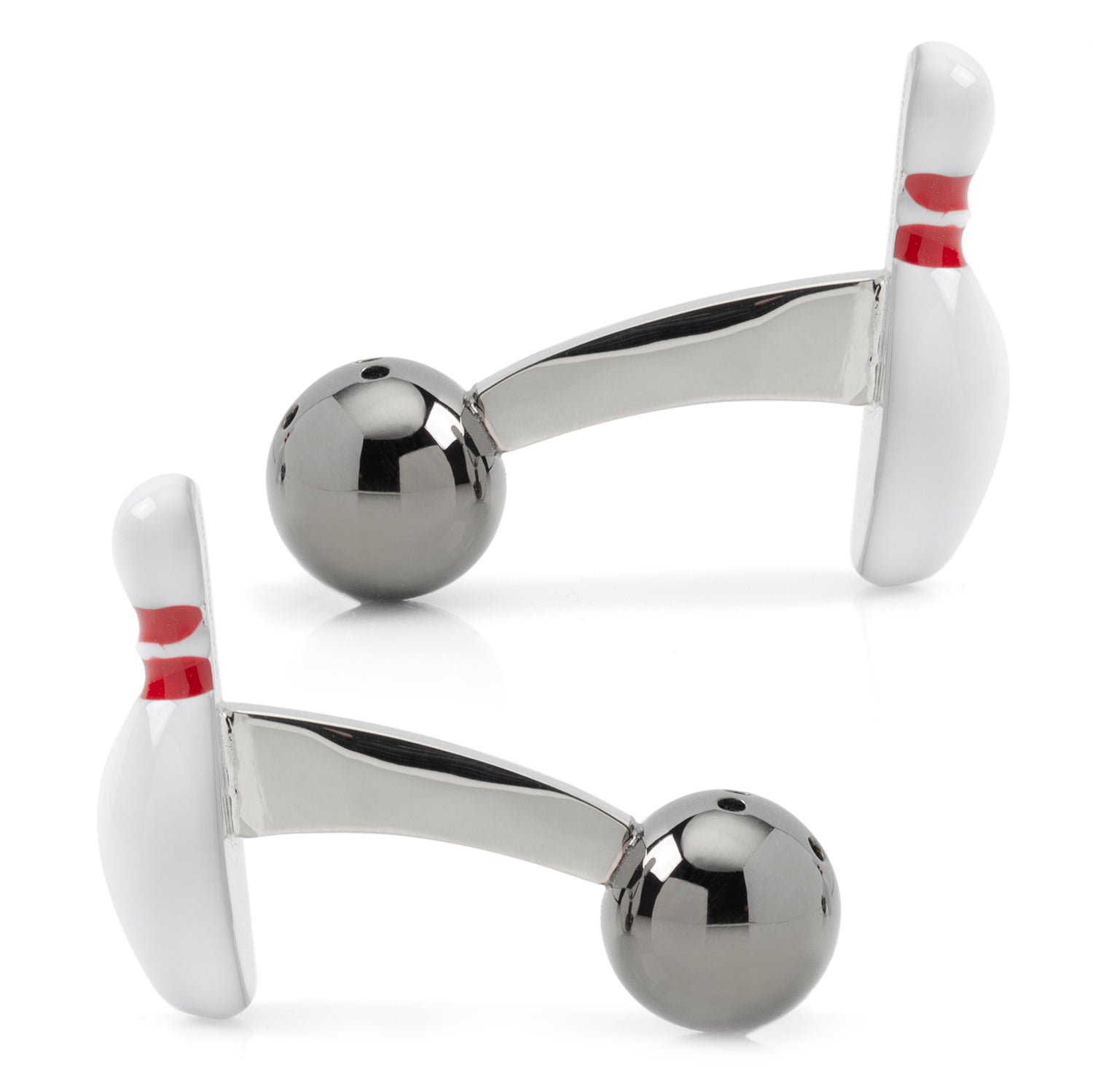 Bowling pin and ball cufflinks on a white background