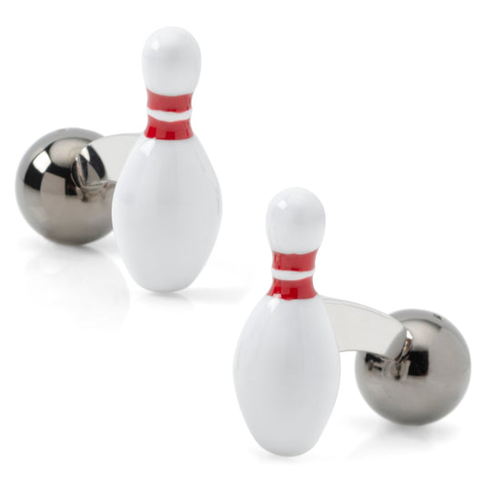 Bowling pin and ball cufflinks on a white background