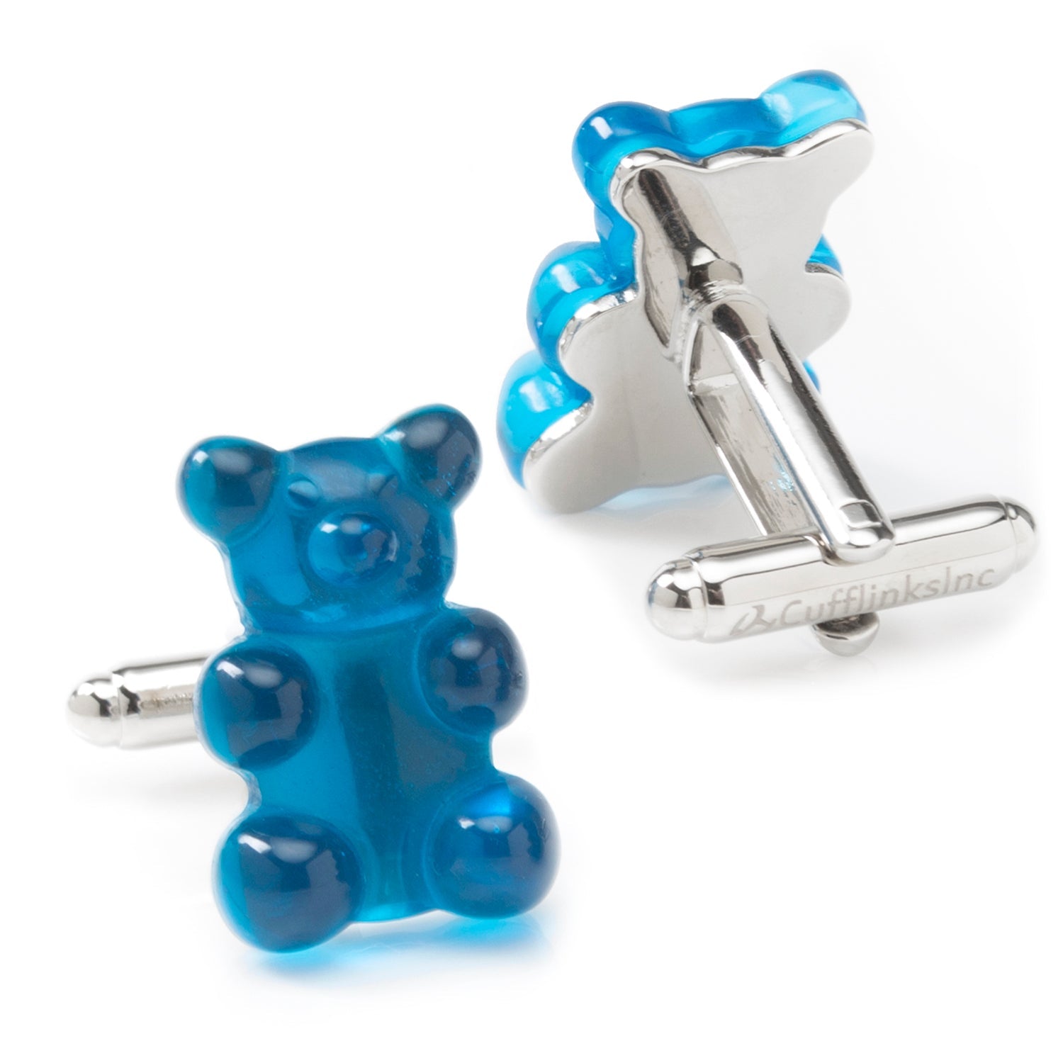 Blue gummy bear-shaped cufflinks on a white background