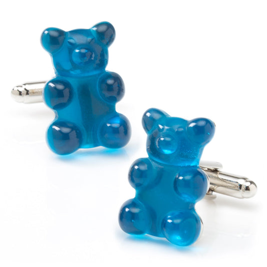 Blue gummy bear-shaped cufflinks on a white background