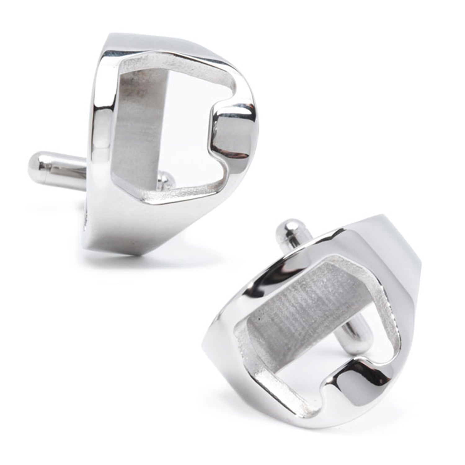 Pair of silver cufflinks on a white background