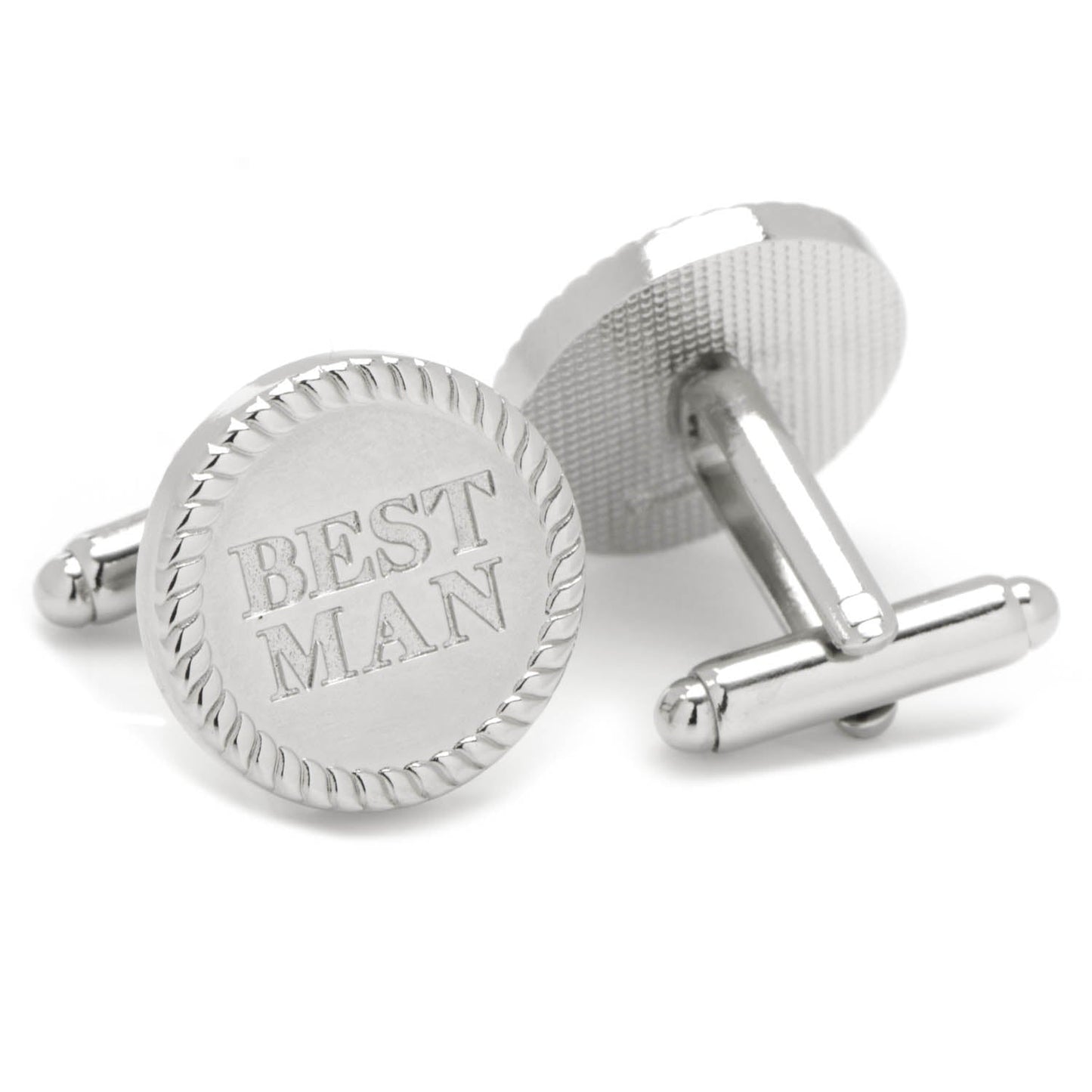 Silver cufflinks with 'BEST MAN' engraving on a white background