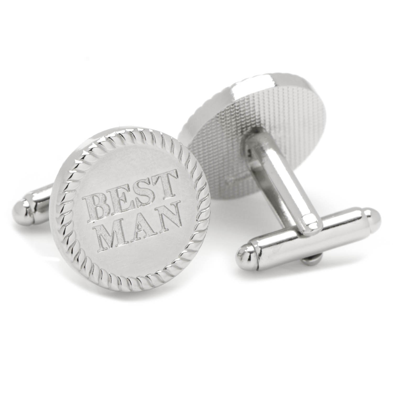 Silver cufflinks with 'BEST MAN' engraving on a white background