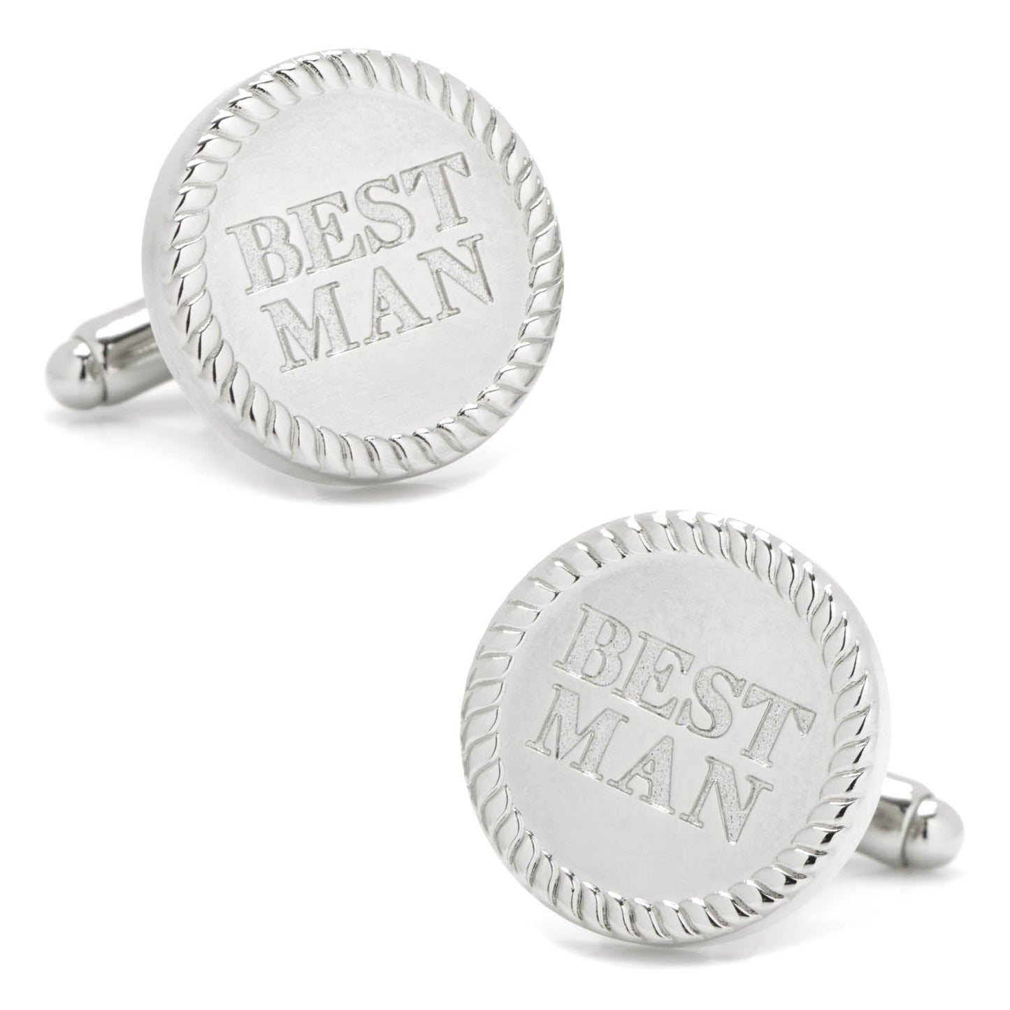 Silver cufflinks with 'BEST MAN' engraving on a white background
