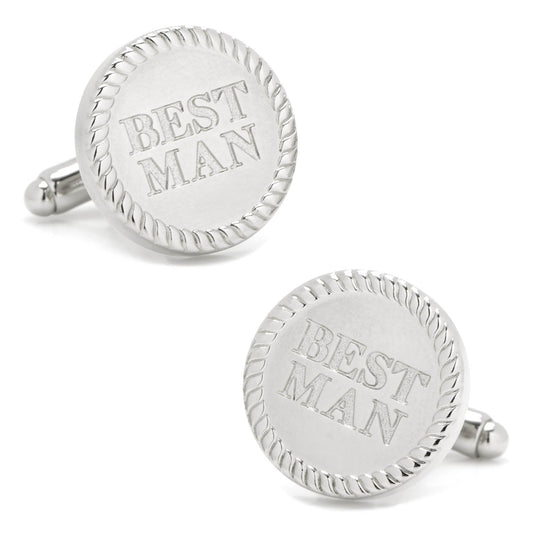 Silver cufflinks with 'BEST MAN' engraving on a white background