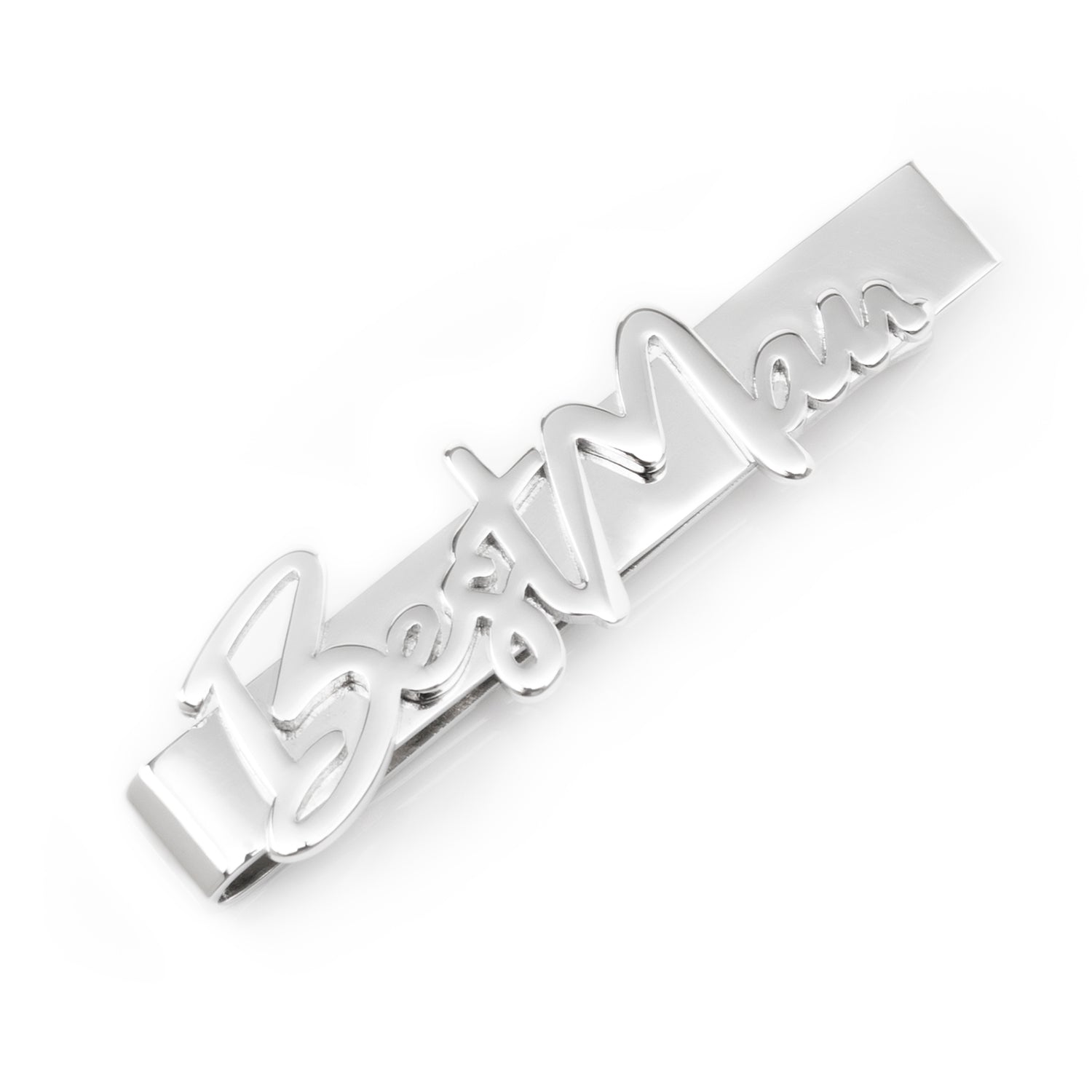 Silver tie clip with 'Begum' engraved on a white background