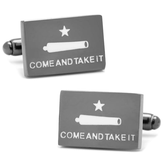 Gray cufflinks with 'Come and Take It' text and star design on a white background