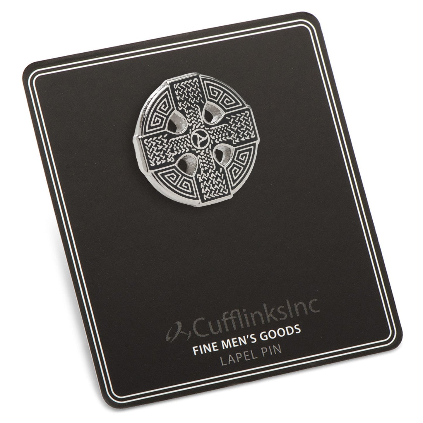 Celtic knot lapel pin on a black card with 'Cufflinks Inc' branding