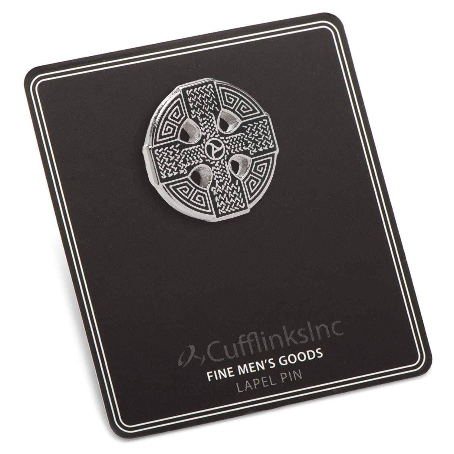 Celtic knot lapel pin on a black card with 'Cufflinks Inc' branding