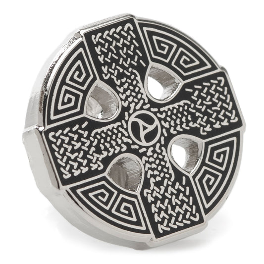 Decorative metal button with intricate patterns on a white background Celtic Cross Lapel Pin