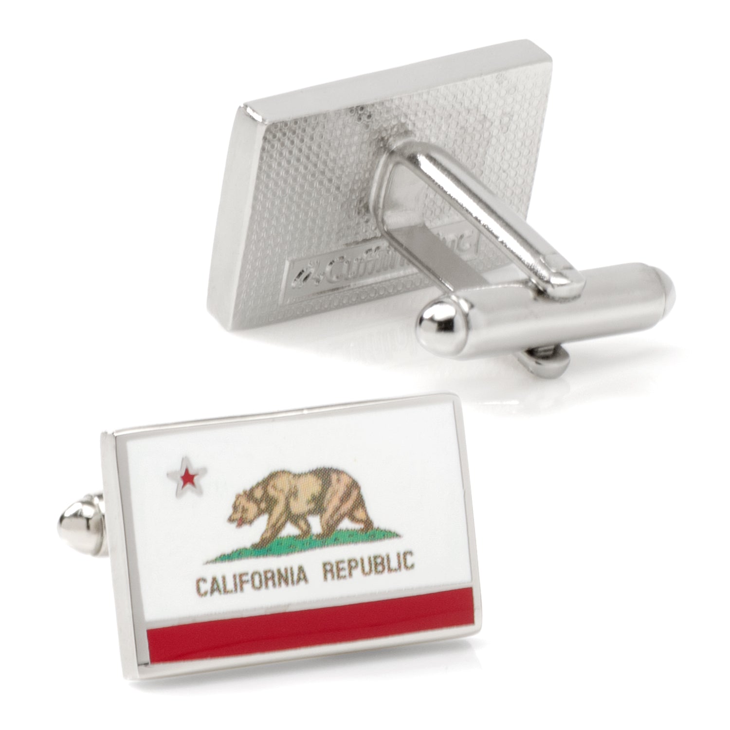 Cufflinks with California Republic flag design on a white background