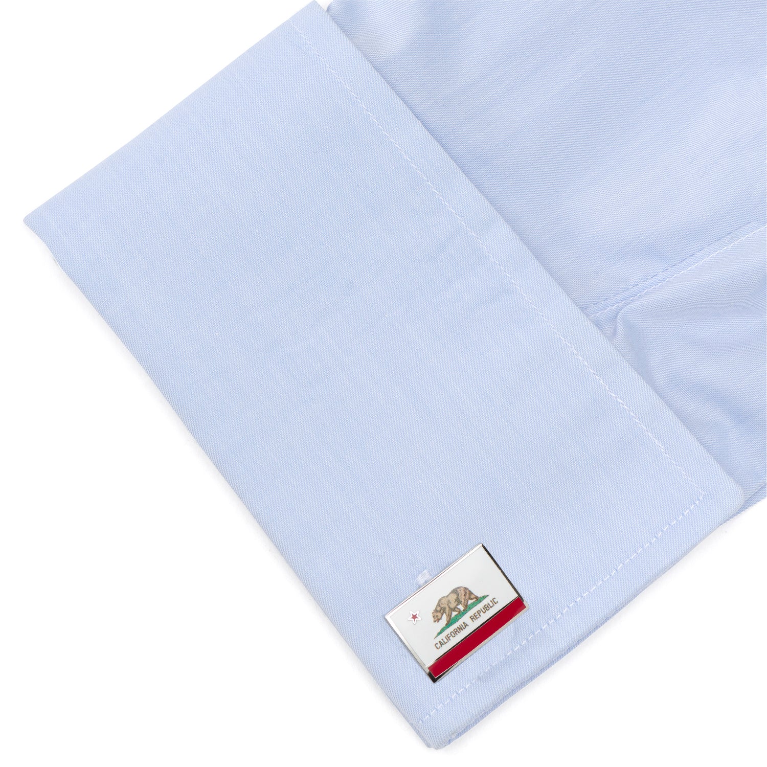Light blue pocket square with a California flag emblem on a white background