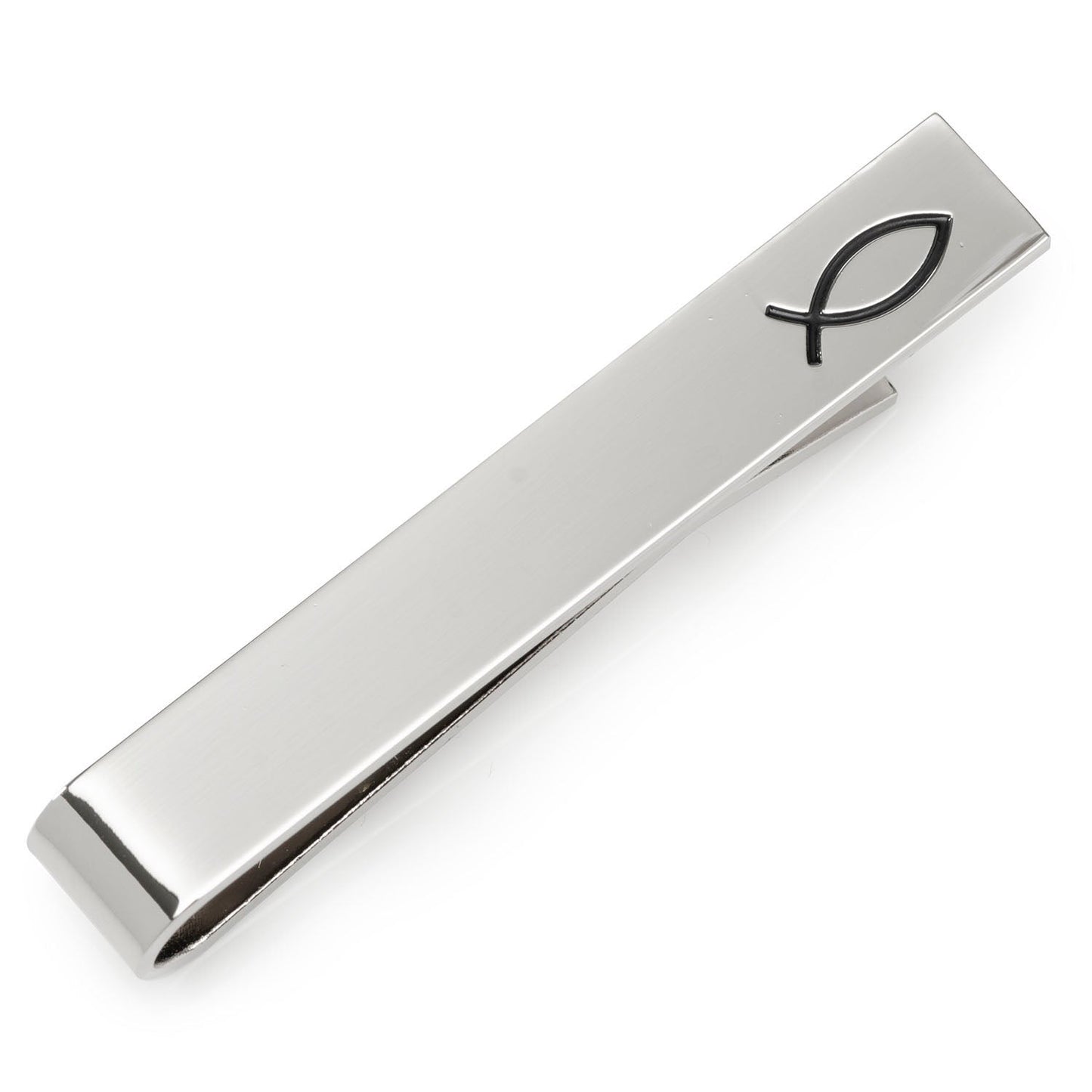 Silver tie clip with fish symbol on a white background