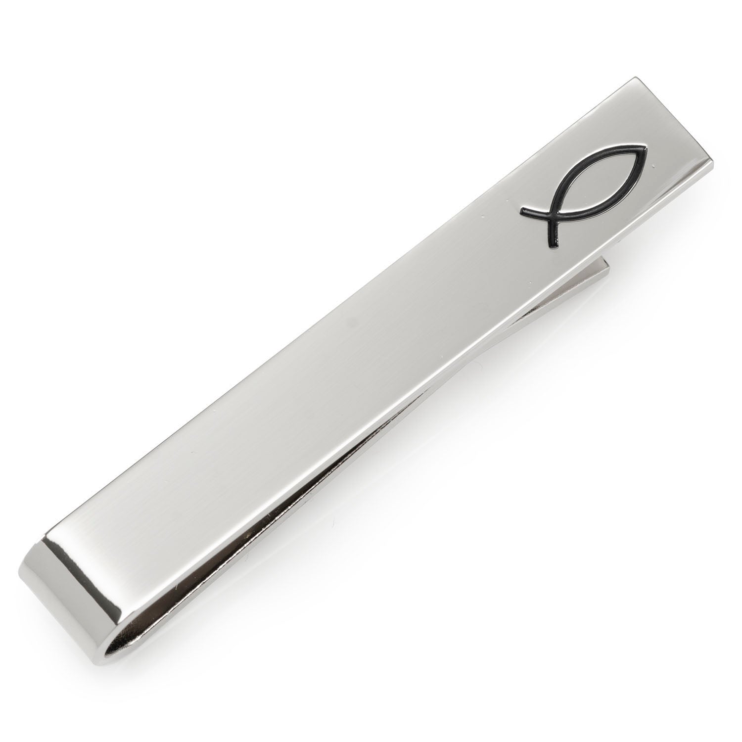 Silver tie clip with fish symbol on a white background