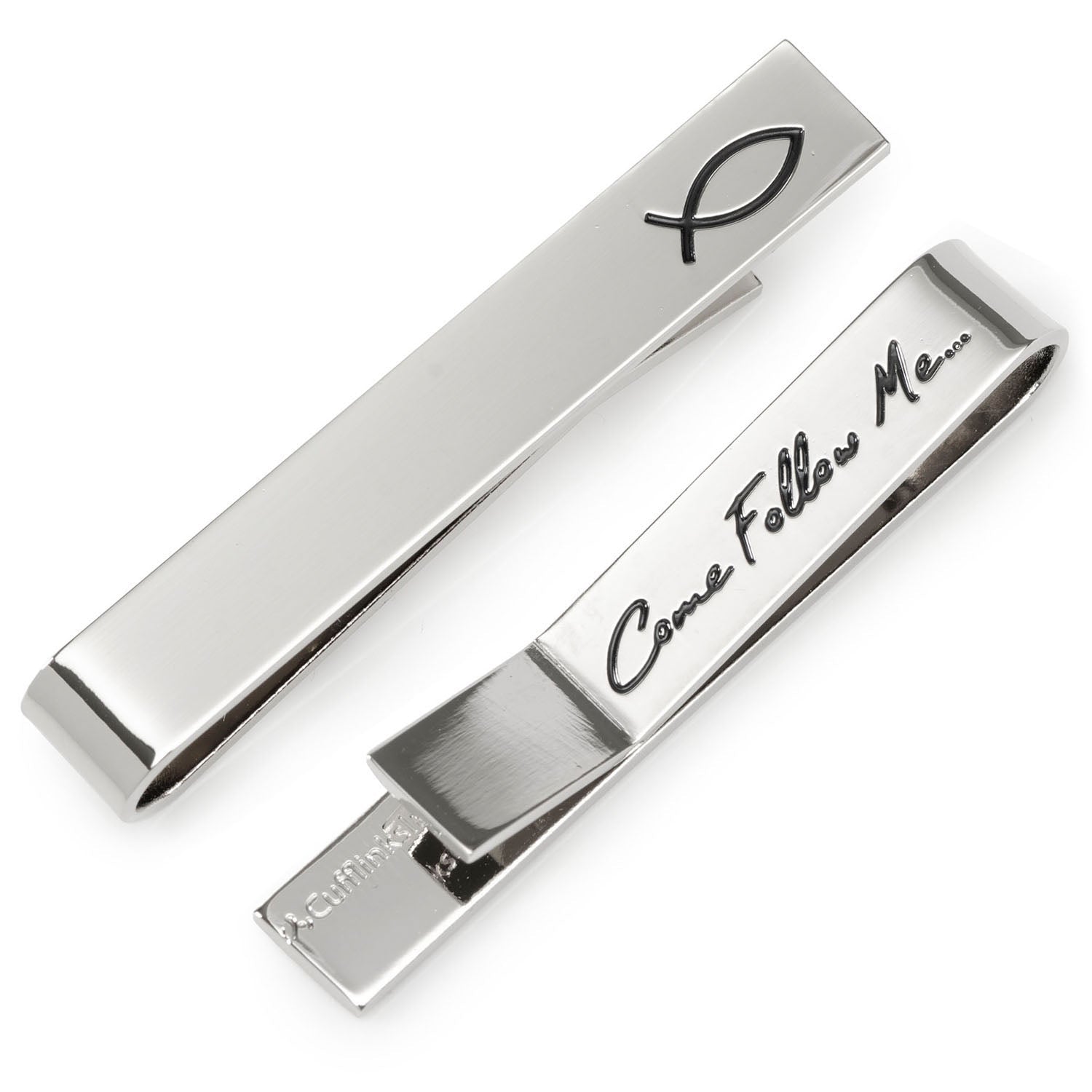 Silver tie clip with 'Come Follow Me' engraving and fish symbol on a white background